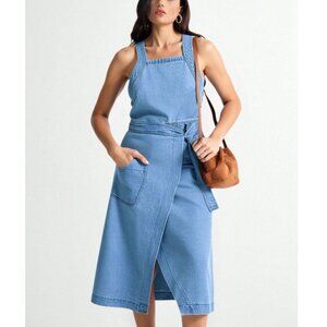 New 2026 Blue Denim Bib Wrap Dress Large